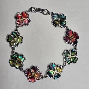 Paua Abalone Shell of the Sea Bracelet Four Leaf Clover Shamrock Silvertone